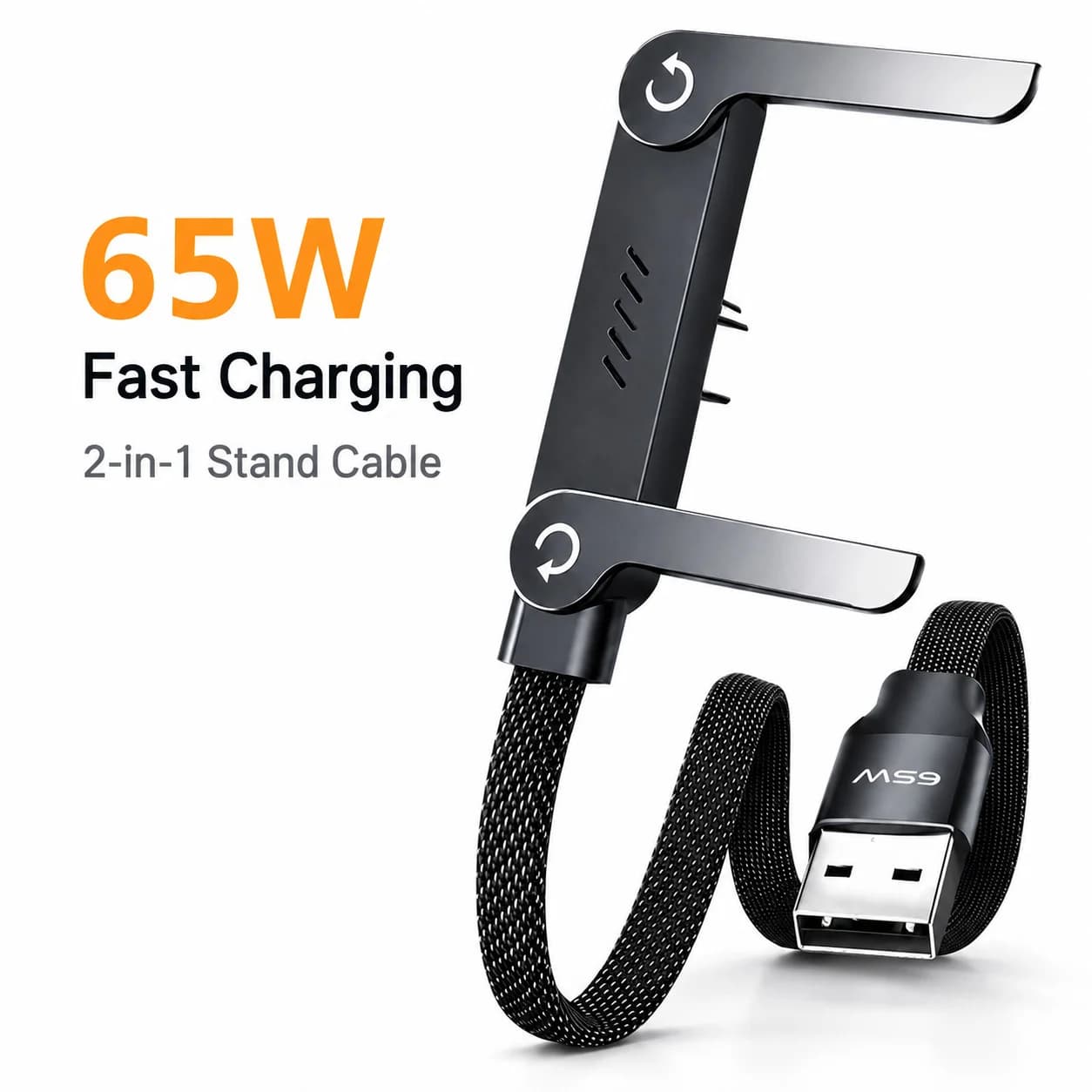 Cavo USB A a USB C da 65W 2 in 1, cavo dati a ricarica rapida, supporto pieghevole per telefono, cavo in nylon per Samsung Xiaomi Huawei Type C