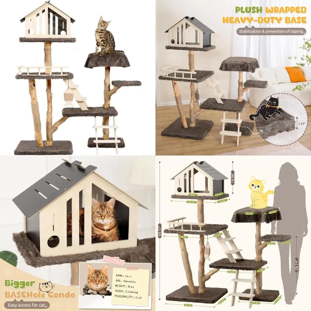 Torre per gatti moderna di lusso con tiragraffi in legno massello e sisal, pesce persico in peluche, condominio alto 641,1 pollici per gatti
