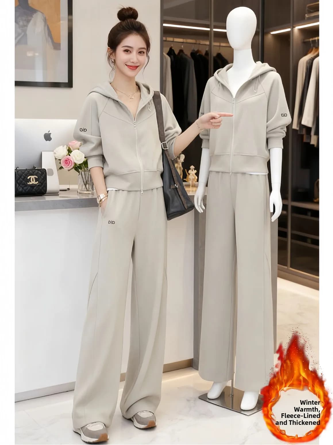 Completo Sportivo Invernale da Donna: Felpa con Cappuccio e Pantaloni a Vita Alta in Poliestere Felpato, Modello Slim Fit