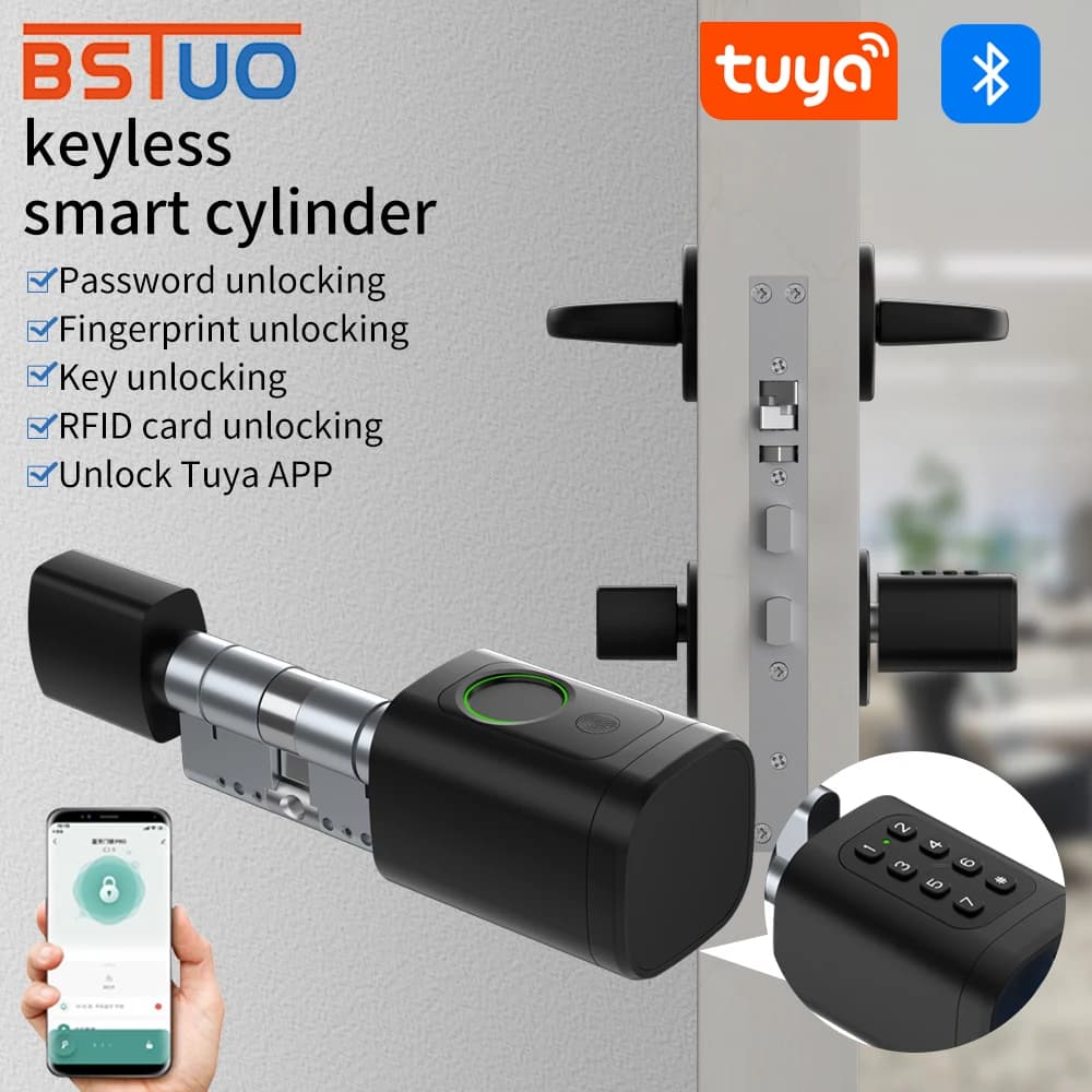 Tuya Smart Cilindro Serratura digitale Perno da infilare 2 vie Lunghezza cilindro regolabile Impronta digitale Password Chiave APP Sblocco scheda IC