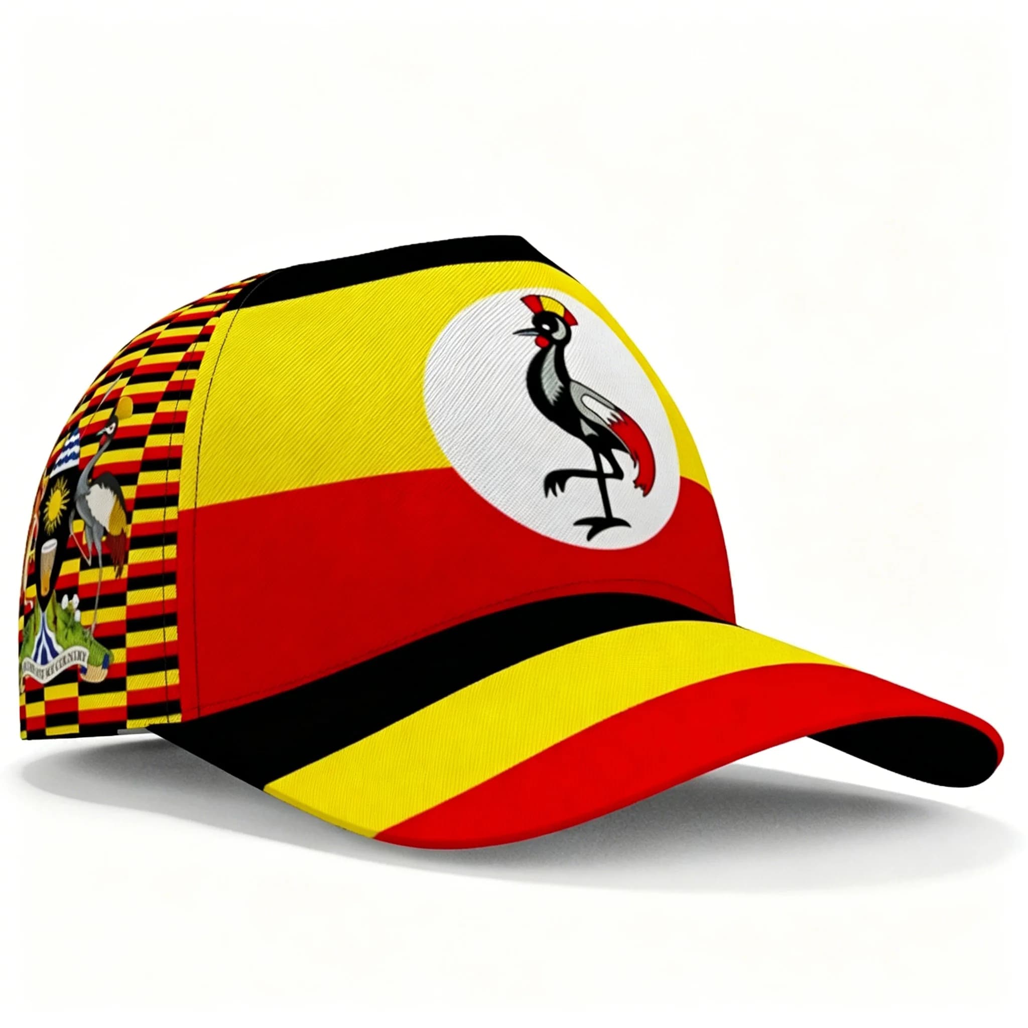 Yellow Red Black Uganda National Tone Print Baseball Cap White Circle Crane Graphic Breathable Casual Travel Outdoor Sun Hat