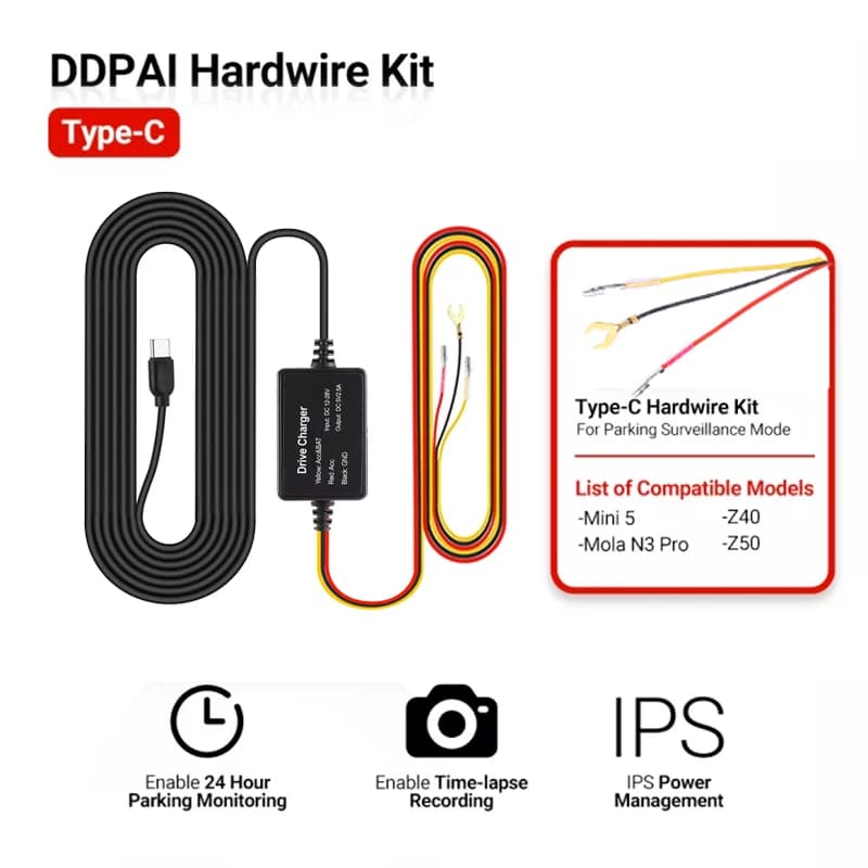For DDPAI Mini 5 12/24V Type-C USB Car Charger 4M Hard Cable Kit for DDPAI Mini 5/ Z40 / Z50 / Mola N3 Pro Dash Cam