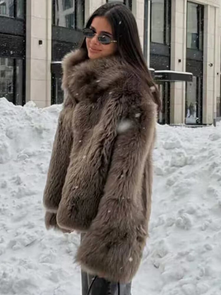 HH Women Fashion Warm Faux Fur Effect Single-breasted Jacket Winter Women Stand-up Collar High Street Long Sleeve Short Coat