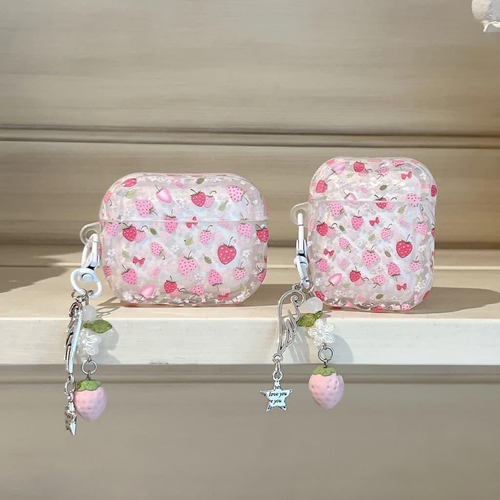 Custodia Protettiva Antiurto per Auricolari con Stampa Fragole Rosa e Fiocco, con Ciondolo, per AirPods 1 o 2, 3, 4, Pro 2, Pro 3 - Sweet Girl