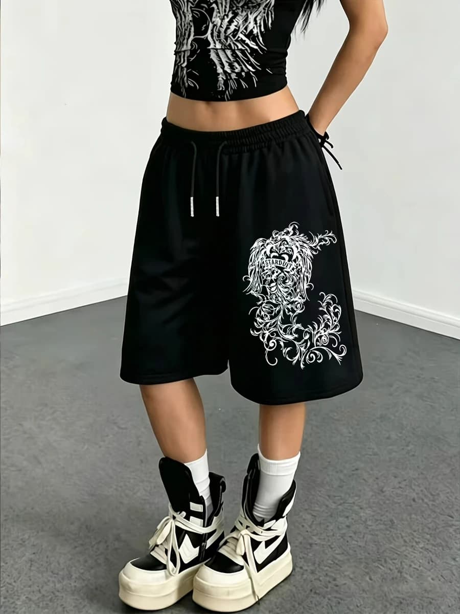Fashionable Light Gray and Dark Textured Printed Mid-length Sweatpants/shorts Loose Fit Street Punk Style Casual