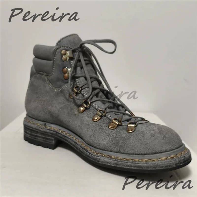 Retro Gray Suede Lace Up High Top Casual Shoes for Men Round Toe Thick Soled Stitching Short Boots Trendy Outdoor Hiking Shoes