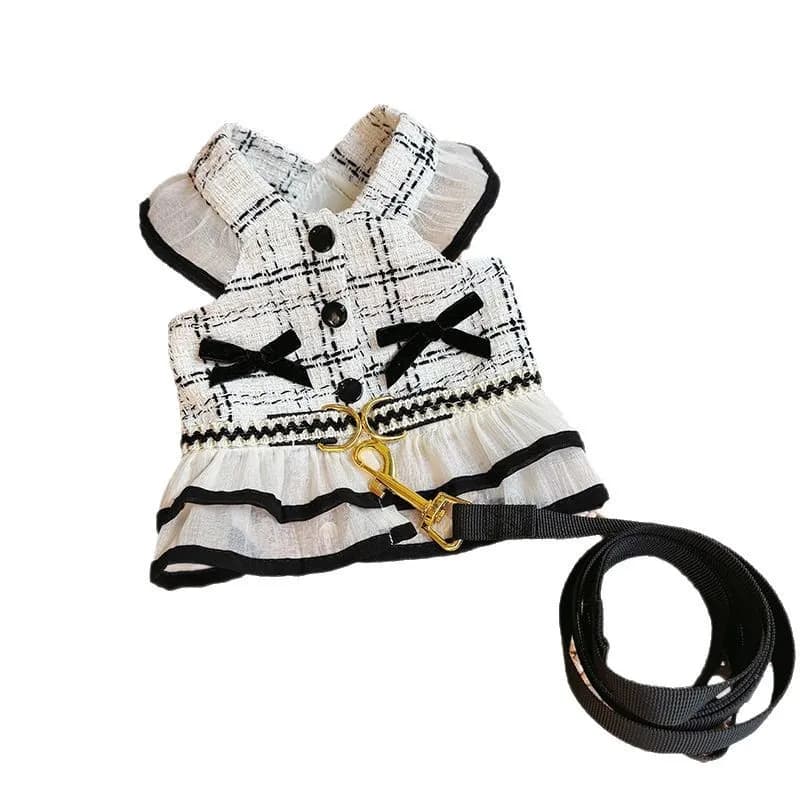 Abbigliamento per animali domestici regolabile primavera estate Abito con cinturino a quadretti e guinzaglio per cani di piccola taglia Gonna traspirante Vestito per cani carino