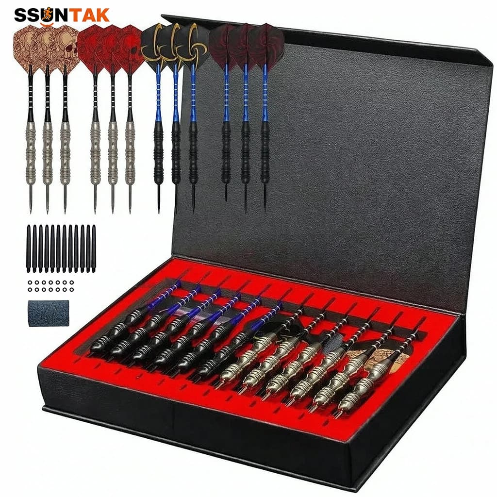 SSUNTAK 12Pcs Steel Tip Darts Set Aluminum Shafts Professional Steel Darts with Extra Flight Shaft Gift Box for Indoor Game Gift