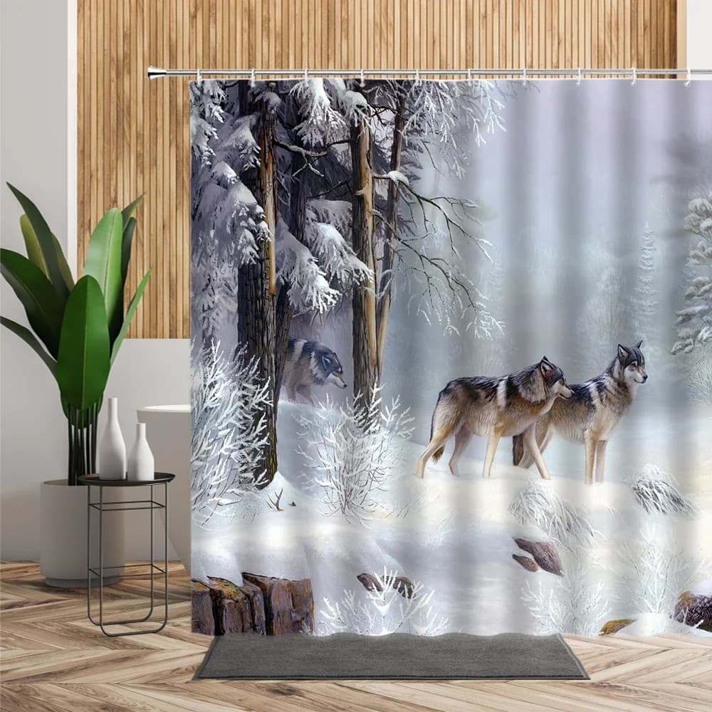 Tenda da doccia con lupo selvaggio e paesaggio notturno innevato, decorazione per bagno, schermo impermeabile in tessuto per vasca con ganci
