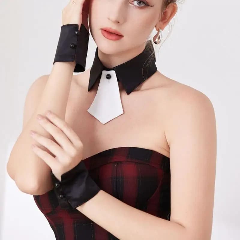 39BB Stage Outfit Collar and Cuffs Accessory Set for Women, Detachable Pointed Collar, Tie Accent and Button Closures