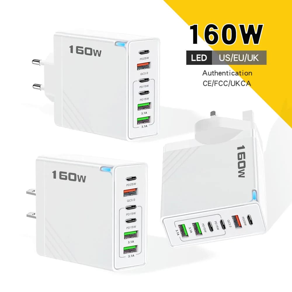 160W Fast Charging USB Type C Charger PD USB Quick Charge 3.0 Wall Phone Adapter For iPhone Xiaomi Huawei Samsung EU/US/UK Plug