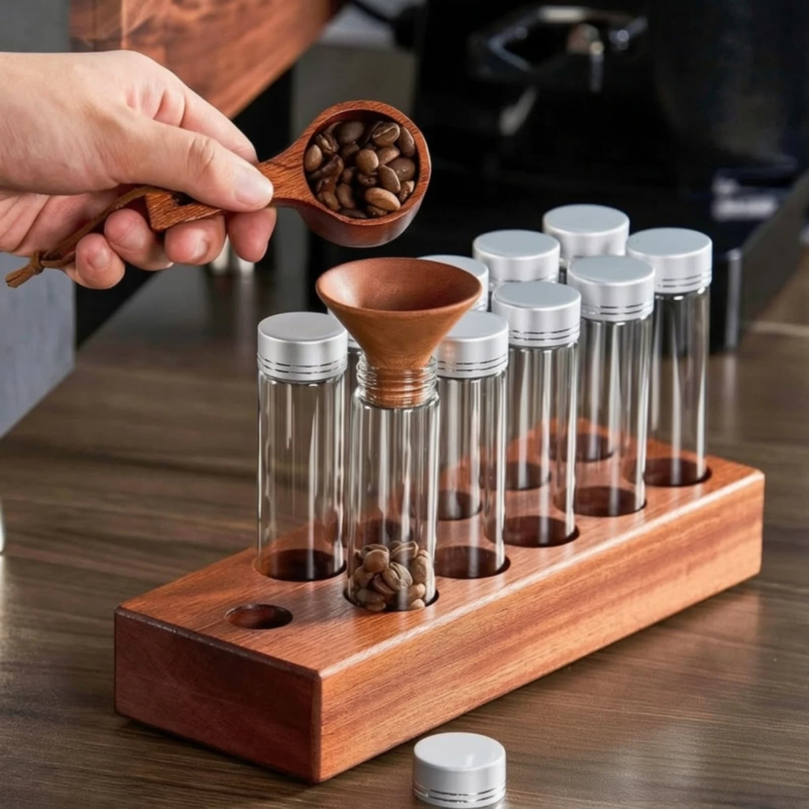 Coffee Bean Cellar with Wooden Base Countertop Single-Dose Coffee Tubes with Rack Organizer Transparent Space-Saving