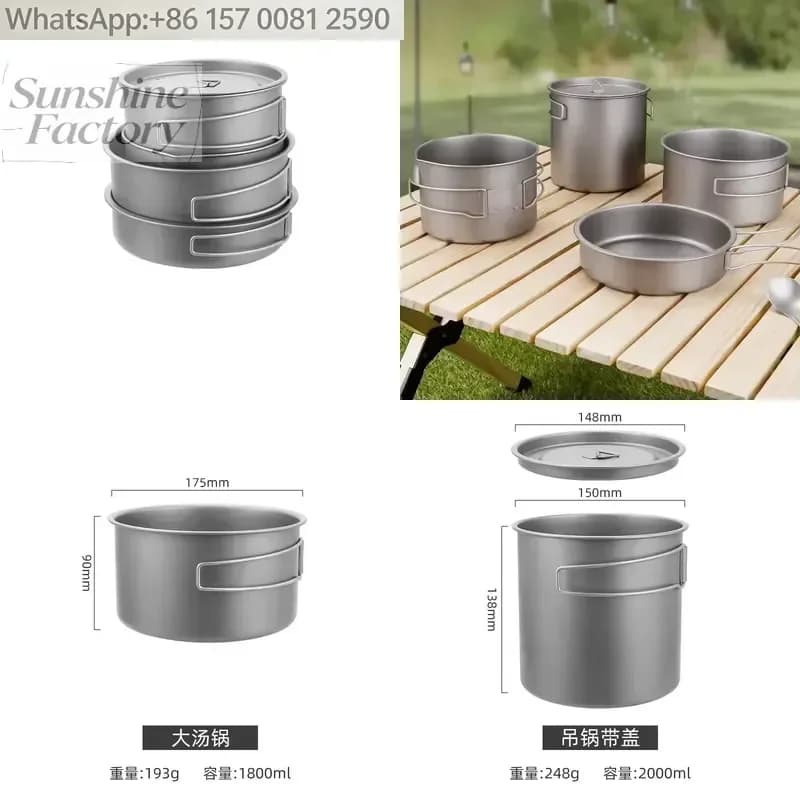 Ultralight Eco-friendly Portable Outdoor Hiking Camping Pure Titanium Wok Frying Pan Set Multi-Capacity