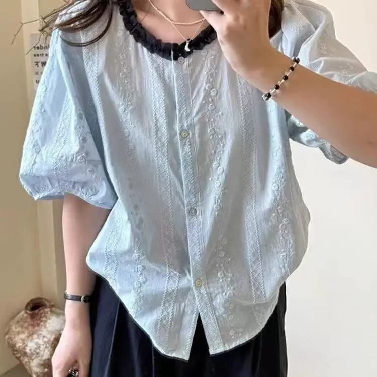 Elegant Blue Short Sleeve Embroidered Shirt Women's Fashion Collar Color Block Design Summer Top Heavy Embroidery Wooden Button