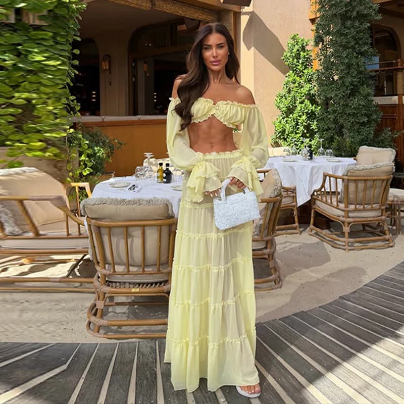 Elegant Complete Yellow Two Pieces Woman with Top Corto in Chiffon Transparent with Volant and Long Gonna High Life, Outfit Summer for Sea Holidays