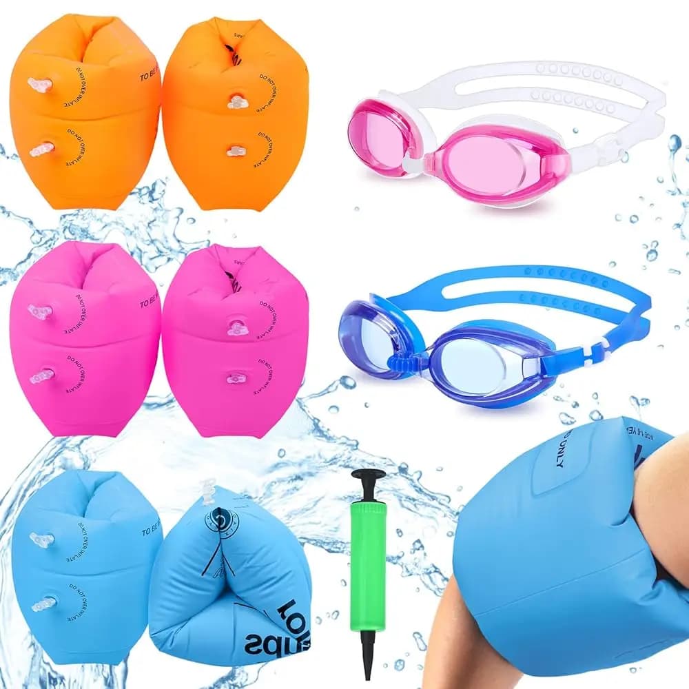 Braccioli Gonfiabili per Bambini 6-12 Anni, Braccioli Galleggianti in PVC, Maniche Galleggianti, Anelli da Nuoto e Occhialini da Nuoto