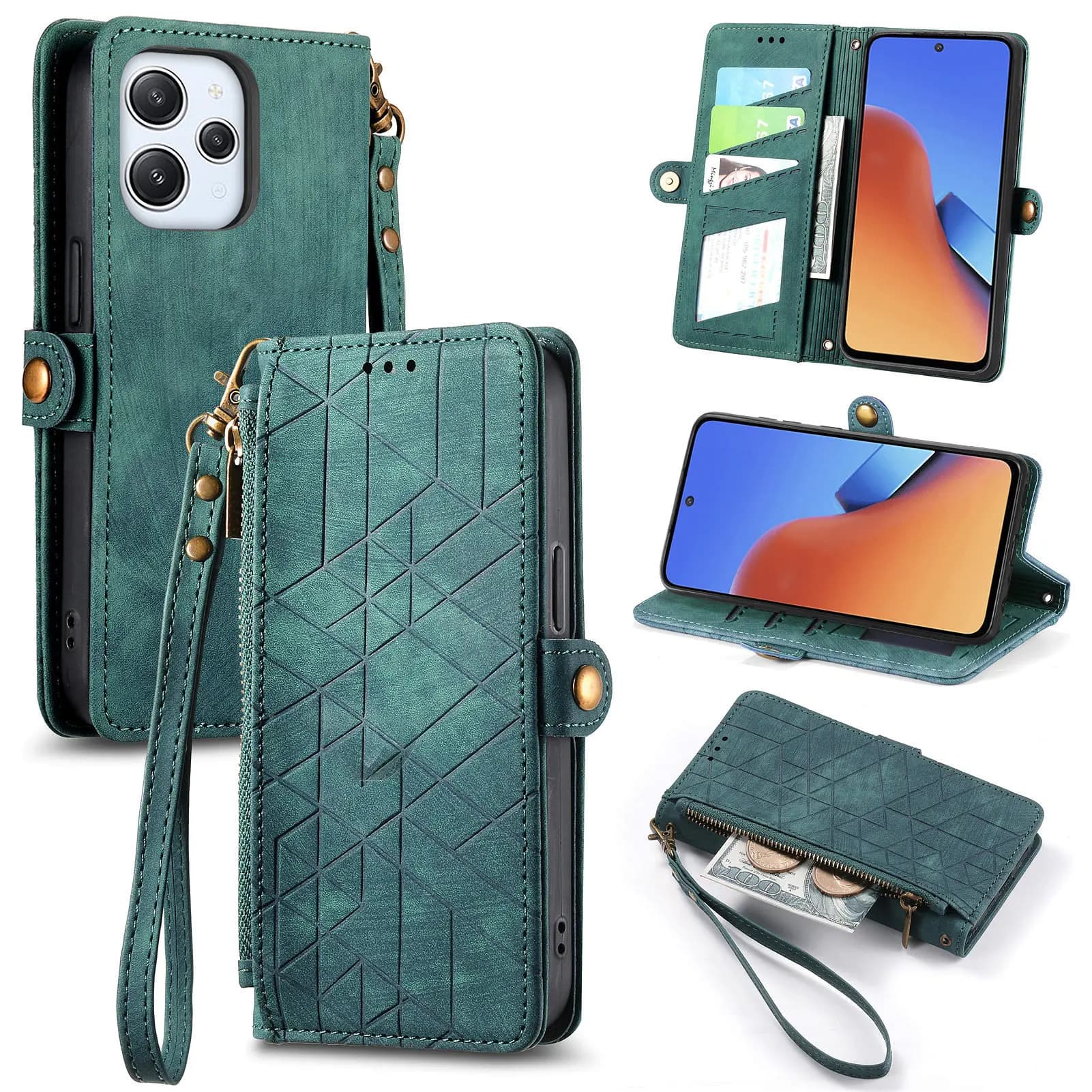 Geometric Lanyard Leather Zipper Wallet Case for iPhone 17 Pro Max 16 Plus 15 14 13 12 Multi 3 Cards Slot Wrist Strap Flip Cover