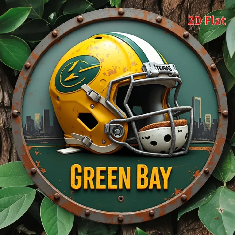 2D flat football helmet wall decoration, 1 vintage Green Bay - 8x8 inch aluminum round plate, rustic decoration for home and office
