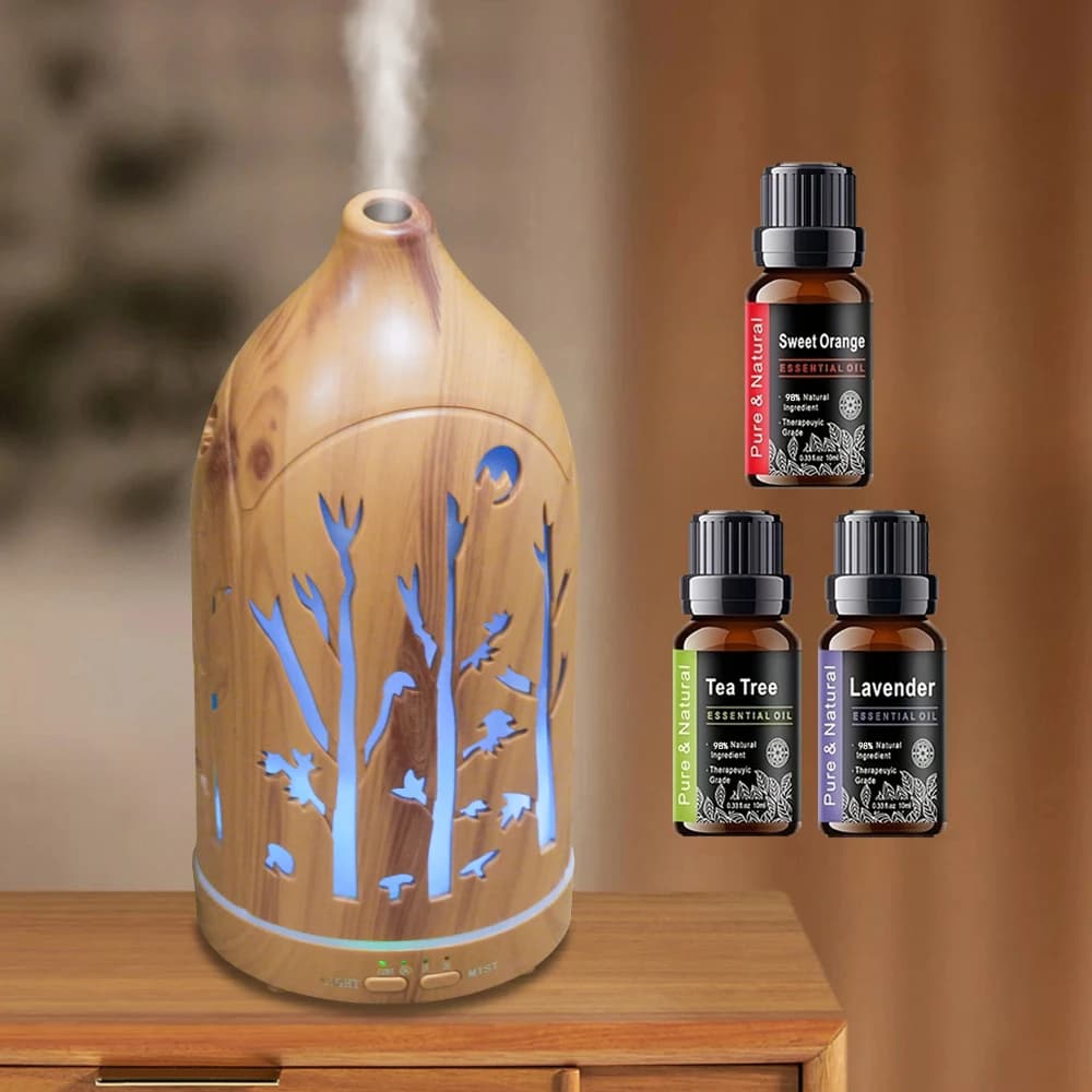 Diffusore di aromaterapia a 7 colori per la casa Umidificatore scavato con venature del legno chiaro da 200 ml con spegnimento automatico e funzionamento silenzioso