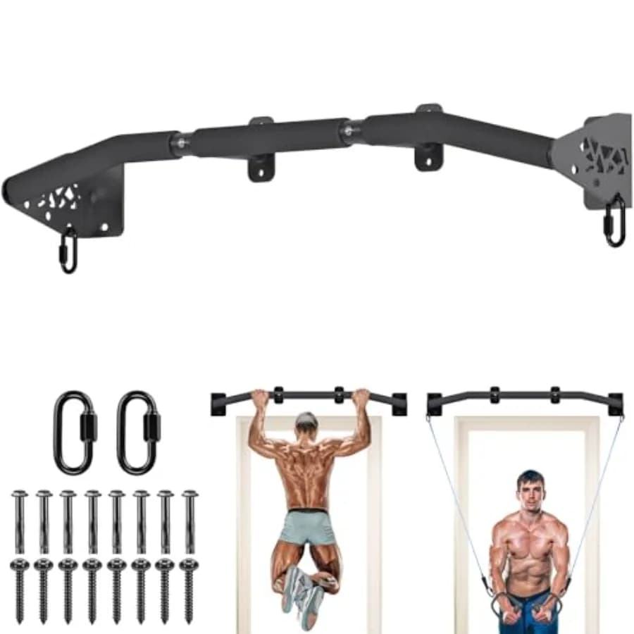 Home gym strength training pull up bar: heavy duty steel wall mount, black, fits 32/36 studs, includes resistance band hooks