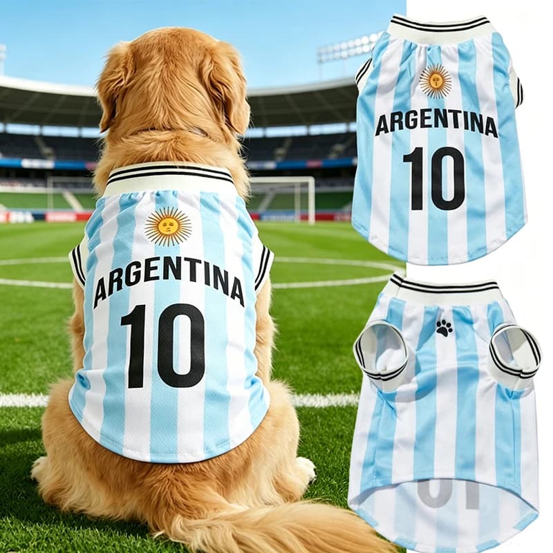 Argentina #10 Pet Dog/Cat Football Jersey, Striped With English Numbers & Letters Print, Ribbed Cuffs & Hem, Pet Vest For Breeds