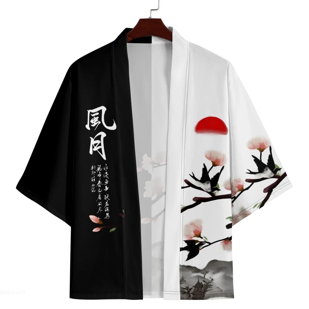 Harajuku Chinese style print Kimono streetwear man woman cardigan Japanese Haori Yukata beach dress strong sizes