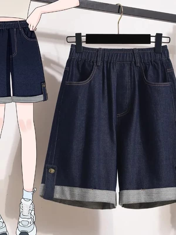 plus Size Women's Summer Thin Loose Casual Cuffed Denim Shorts Wide Leg Five-Quarter Mid-Pants High Waist Dark Color