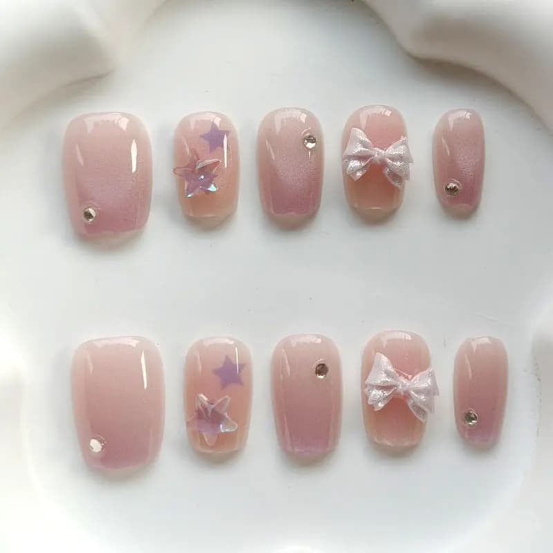 10Pcs Teenage Girl Fashion Cute Pink Purple Bowknot Lovely 3D Star Nail Art Press on Nails Fake Nail Reusable Manicure Nail Tips