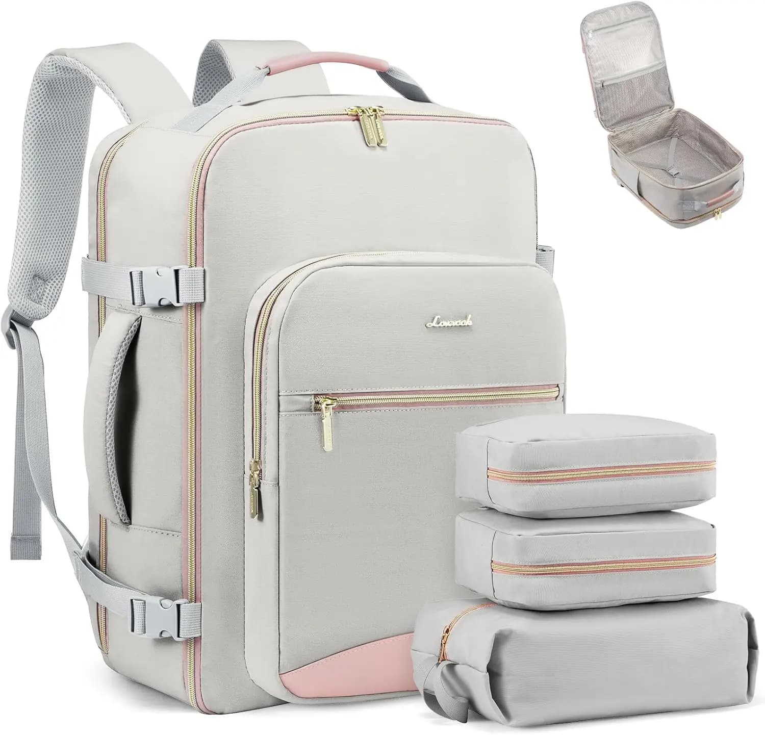 Zaino da viaggio da 40 litri approvato per il trasporto aereo, per donna e uomo, borsa da viaggio impermeabile con 3 cubi organizer, grigio chiaro-rosa