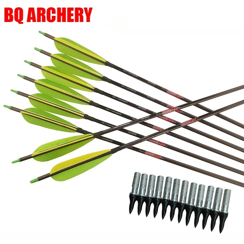 Frecce per tiro con l'arco in carbonio per arco composto, caccia con arco lungo, Spine300-800, punta di freccia da 32 pollici, 75GR, piuma da 5 pollici, 6 pezzi