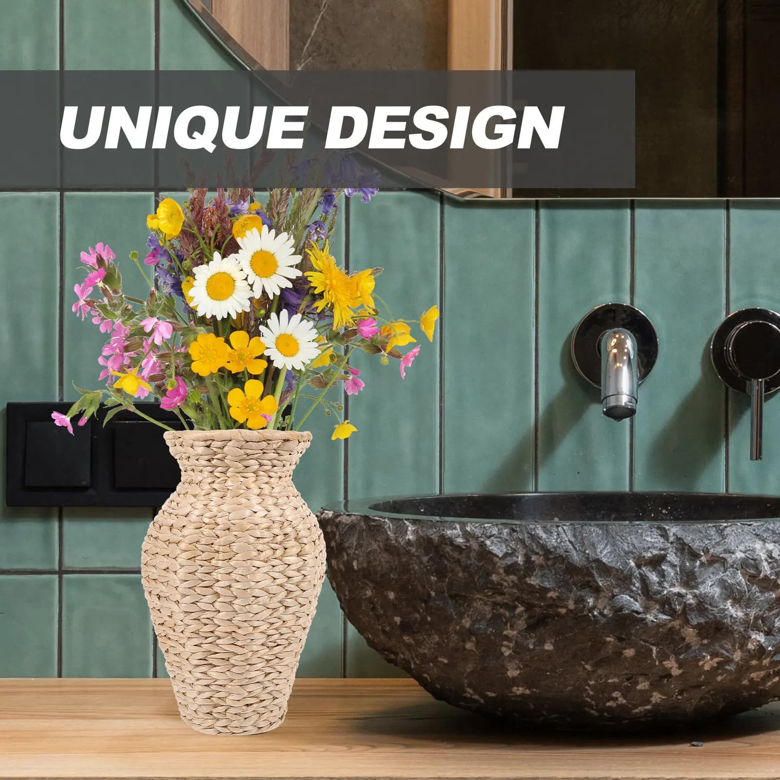 Woven Floral Vase Natural Seagrass Texture Tall Floor Vase for Dried Flowers Artificial Plants Living Room Bedroom Garden