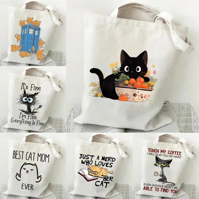 Borsa in tela per gatti e libri Borsa per la spesa per gatti carini da donna Borsa a tracolla per tutoraggio per studenti Borsa per cartoni animati