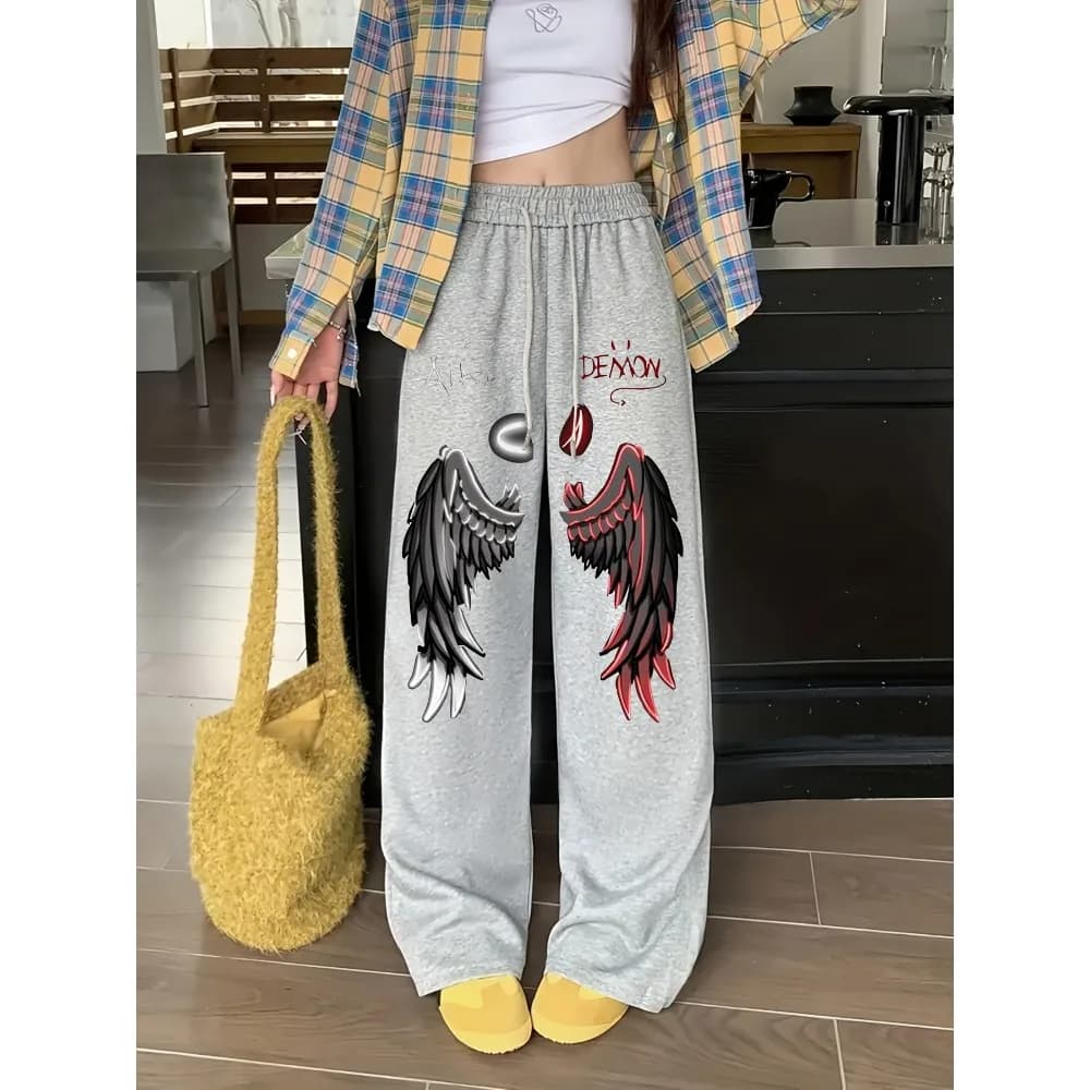 Women's Wide Leg Devil Angel Printed Running Pants - Loose Winter Warm Drawstring Belt Casual Pants
