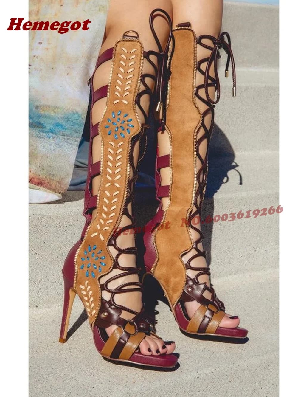Sandali Stiletto al Ginocchio da Donna in Pelle Scamosciata con Ricami Bohemien, Patchwork e Lacci, Modello Gladiatore, Cut-Out di Lusso