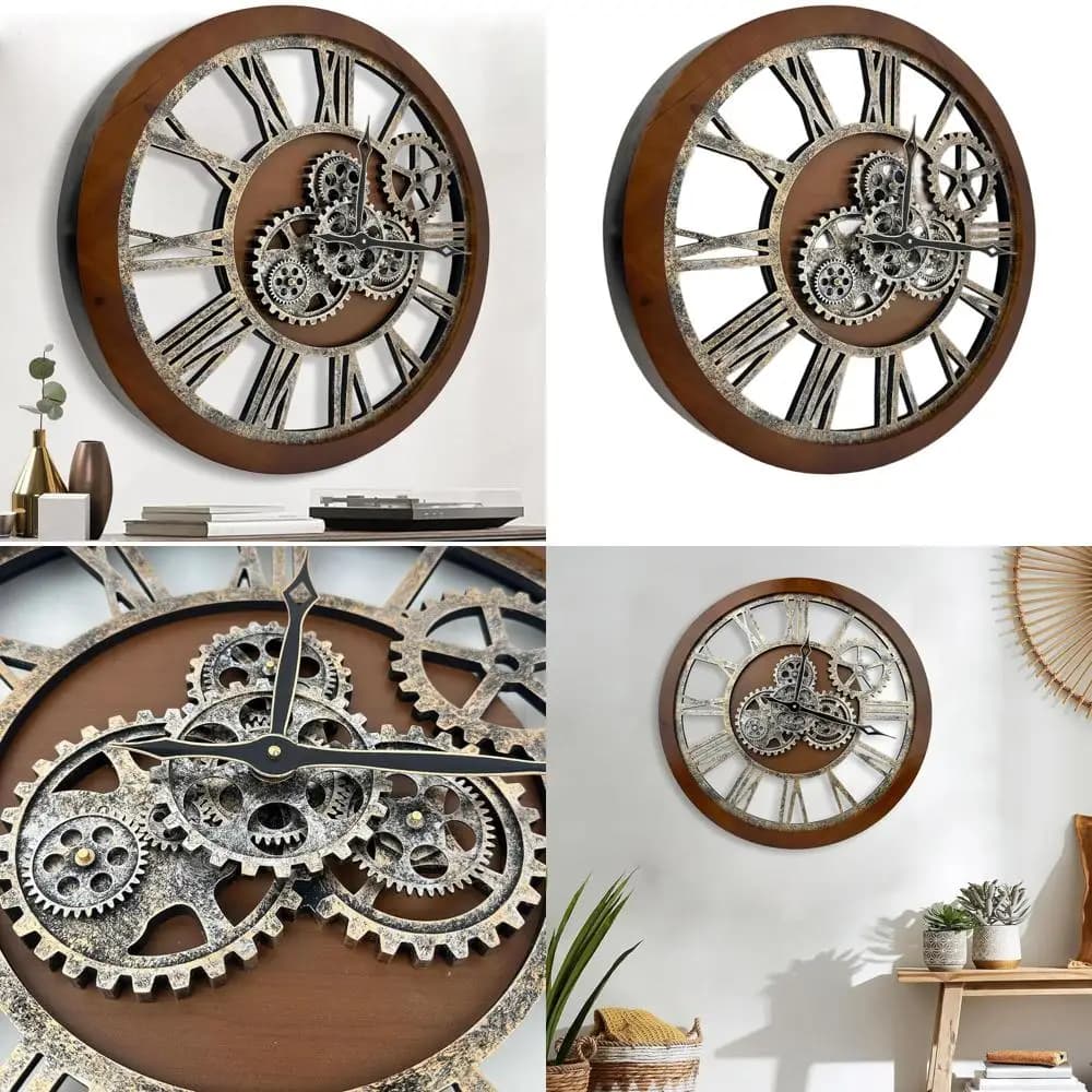 Parete Grande Stile Vintage 24 Pollici, Design Rustico Industriale in Legno per Arredamento Soggiorno, Finitura Marrone Scuro e Bronzo