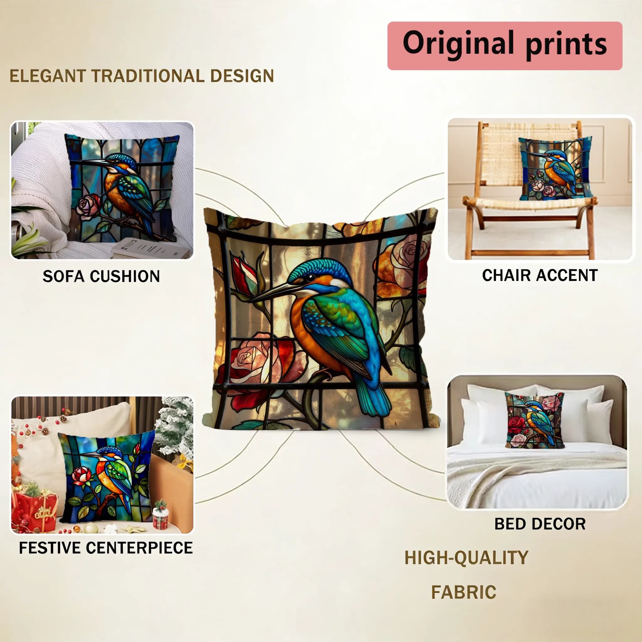 Stained Glass Kingfisher Floral Pillow Covers Pattern Cushion Cover Suitable for Sofa Bedroom Car Pillow Cover