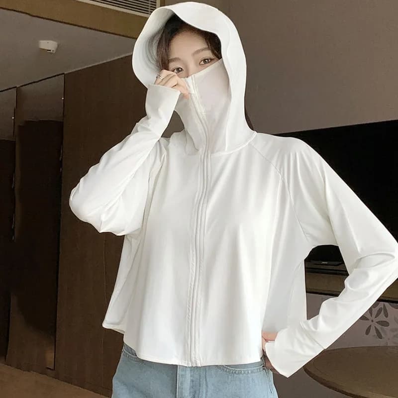 2025 Nuova protezione solare estiva con protezione UV Cappotto da donna in seta di ghiaccio traspirante con cappuccio per protezione solare Giacca a maniche lunghe con cerniera