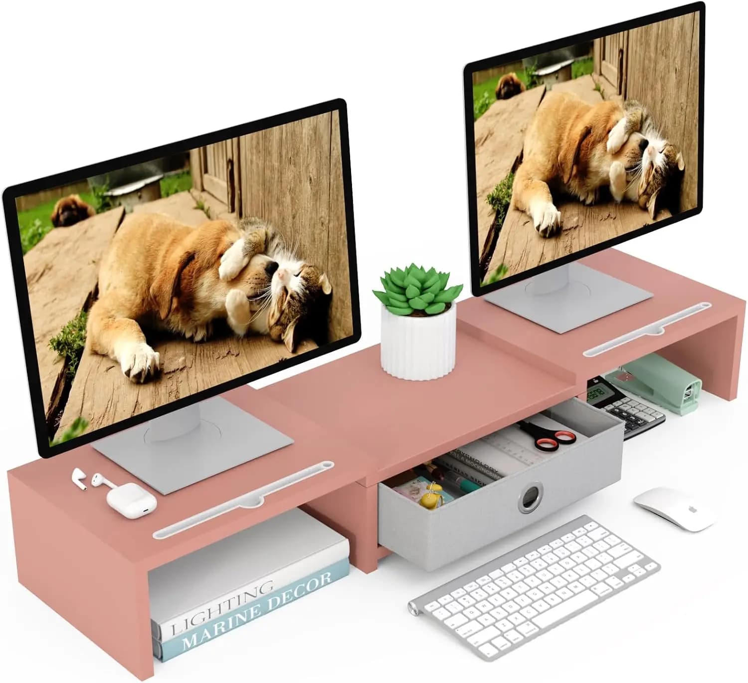 Computer support for 3 shelves with Drawer, Length and Adjustable Angle, Desk Organizer for 2 Monitor