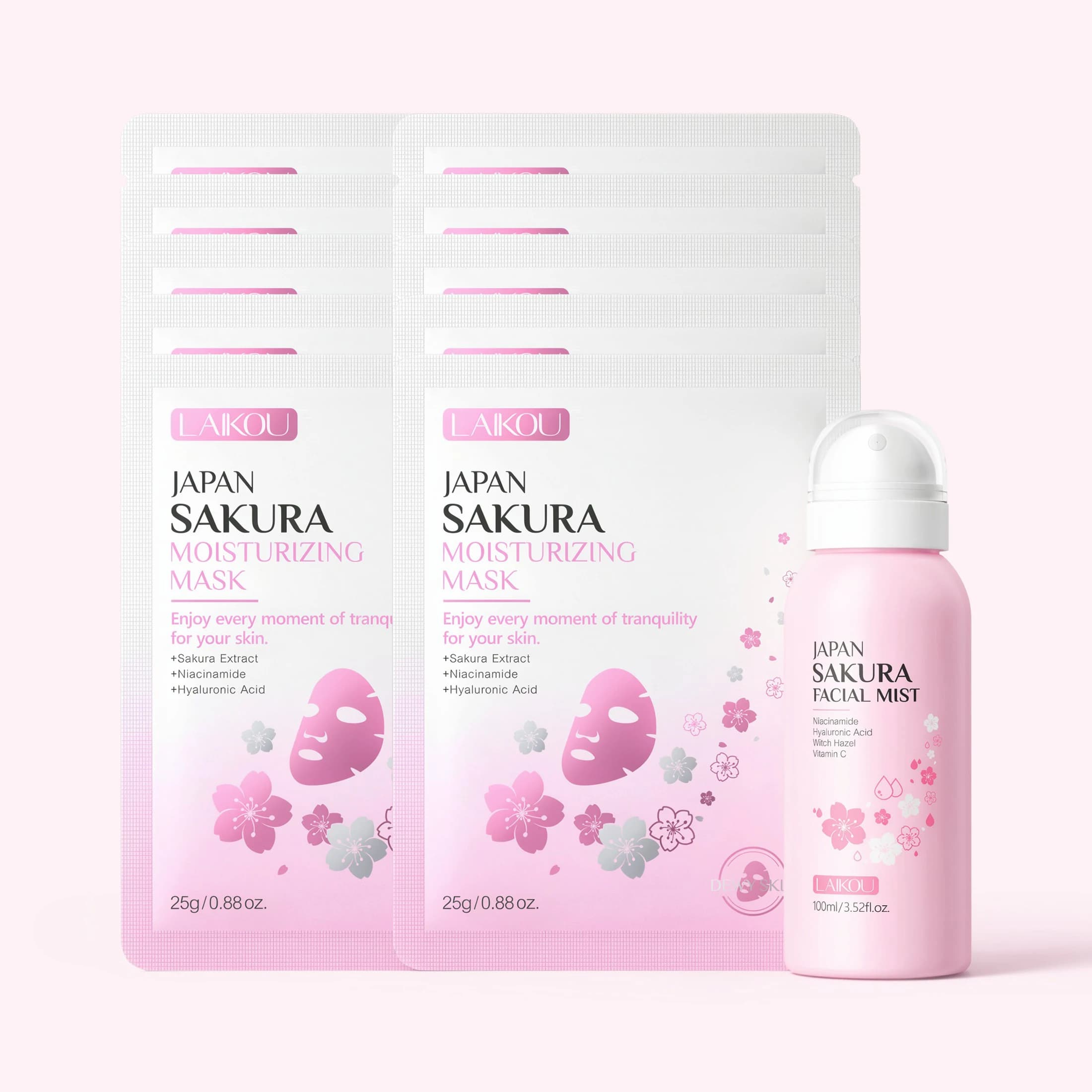 LAIKOU Japan Sakura Skincare Set,100ml Facial Mist +10Pcs Moisturizing Face Mask,Hydrating Soothing Skin Care Kit