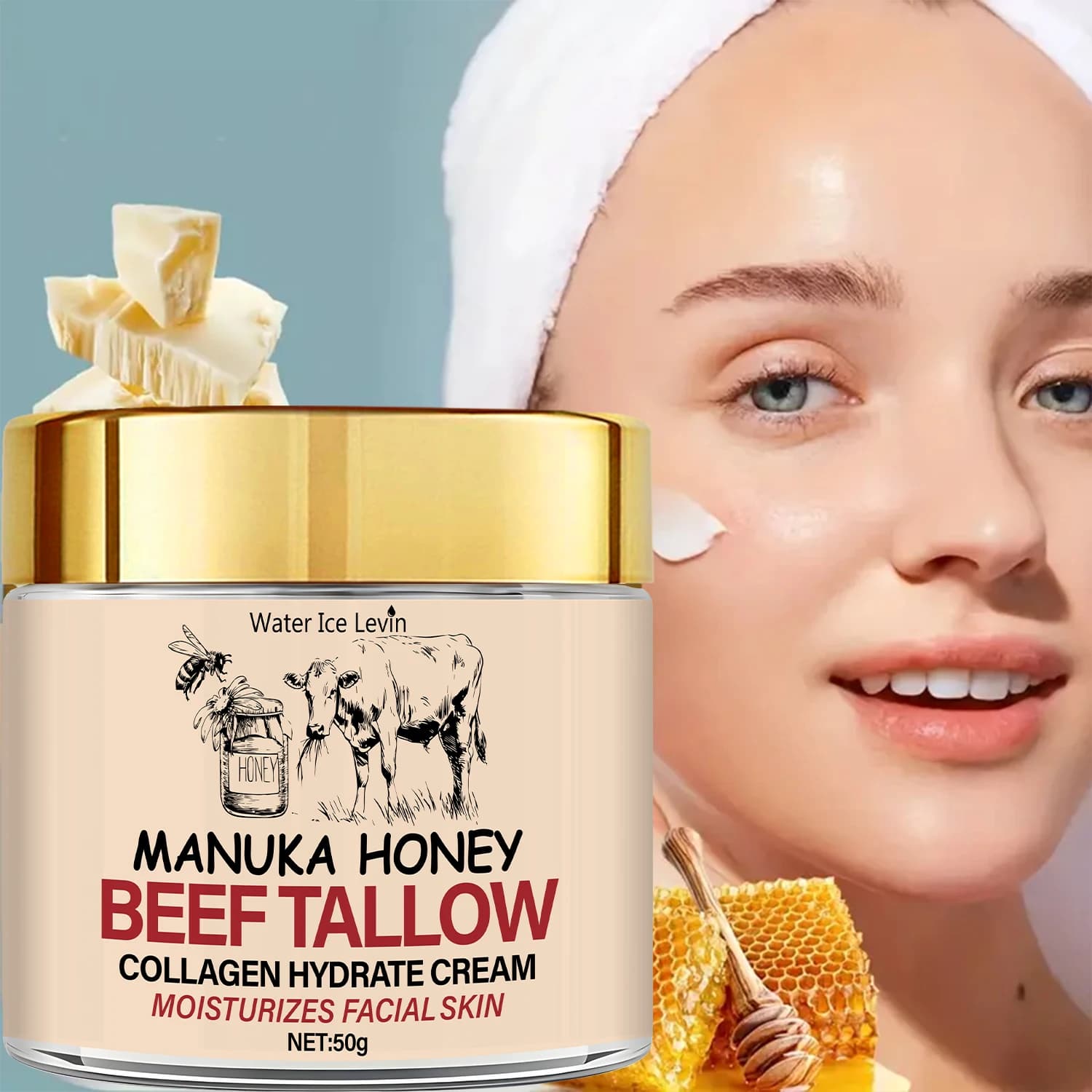 Manuka Honey & Beef Tallow Collagen cream: bees veins with infusion, moisturizes facial skin for a softer glow