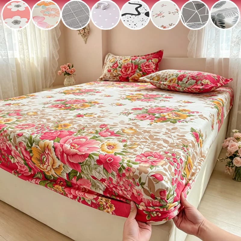 Vintage Floral Fitted Sheet Deep Pocket All Inclusive Elastic Mattress Cover Lightweight Breathable Washable Bed Fitted Sheet
