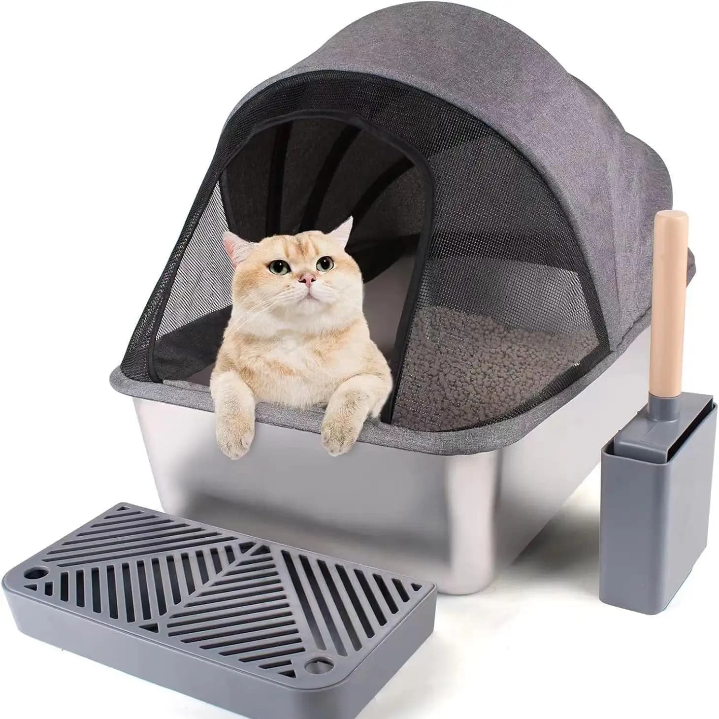 Lettiera per gatti in tessuto antispruzzo Toilette per gatti in acciaio inossidabile Lettiera per gatti coperta di facile montaggio