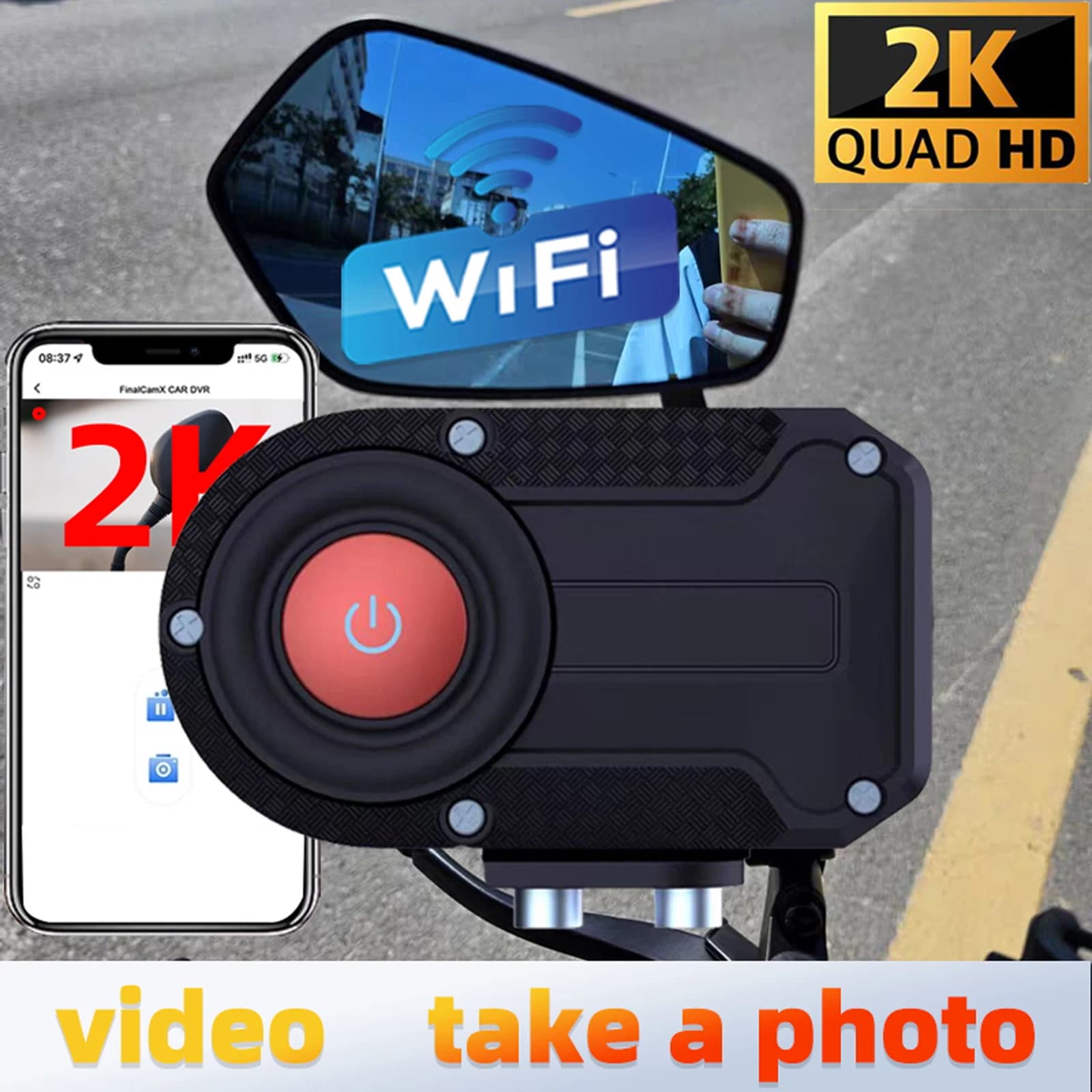 Dash Cam DVR per Auto 2K Wifi con Angolo di Visione di 170 Gradi, Registrazione in Loop, Telecamera On-Dash per Veicoli e Moto
