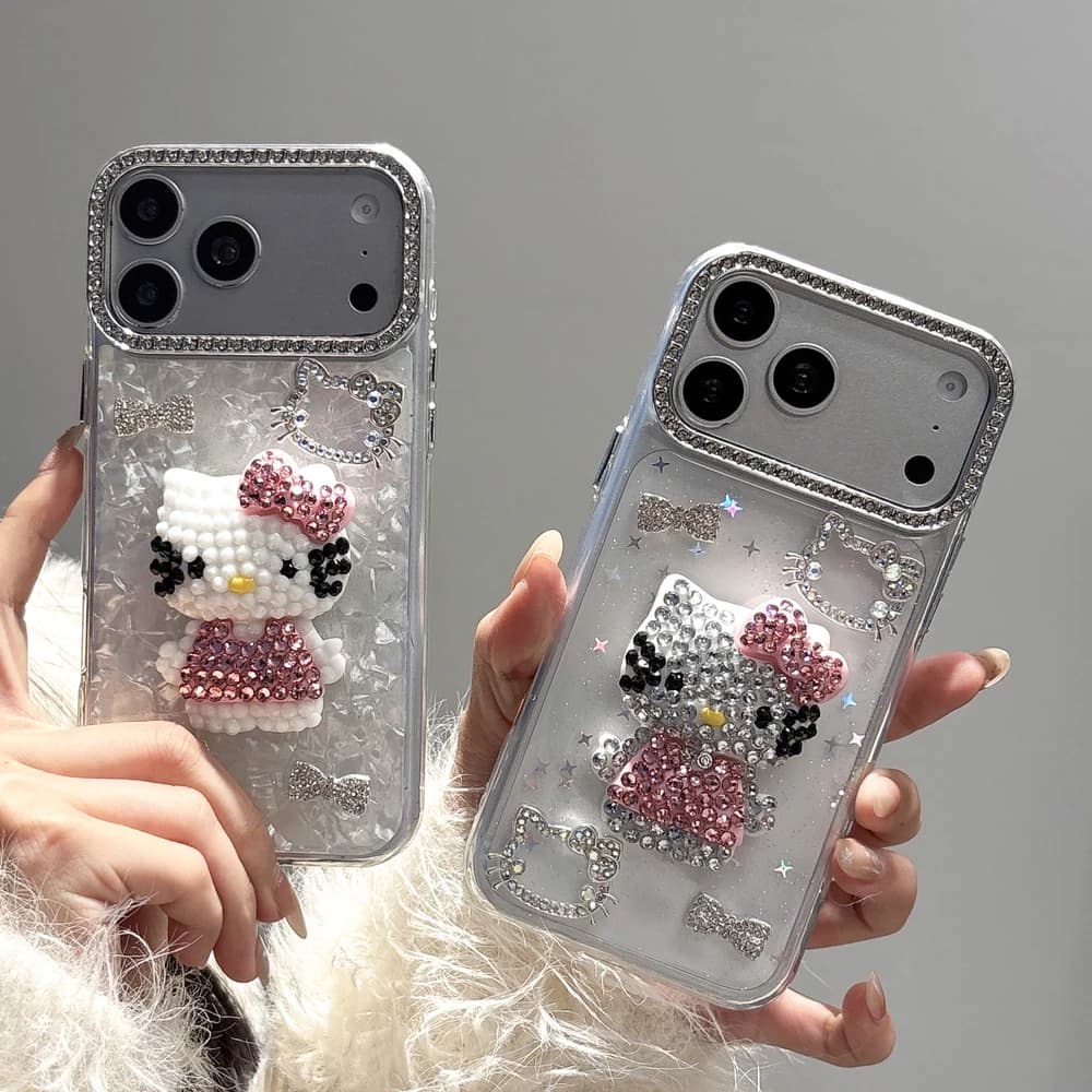 3D Stereoscopic Cute Cartoon Sanrio Hello Kitty Bling Glitter Phone Case For iPhone 17 16 15 14 13 12 11 Pro Max Case Hard Cover