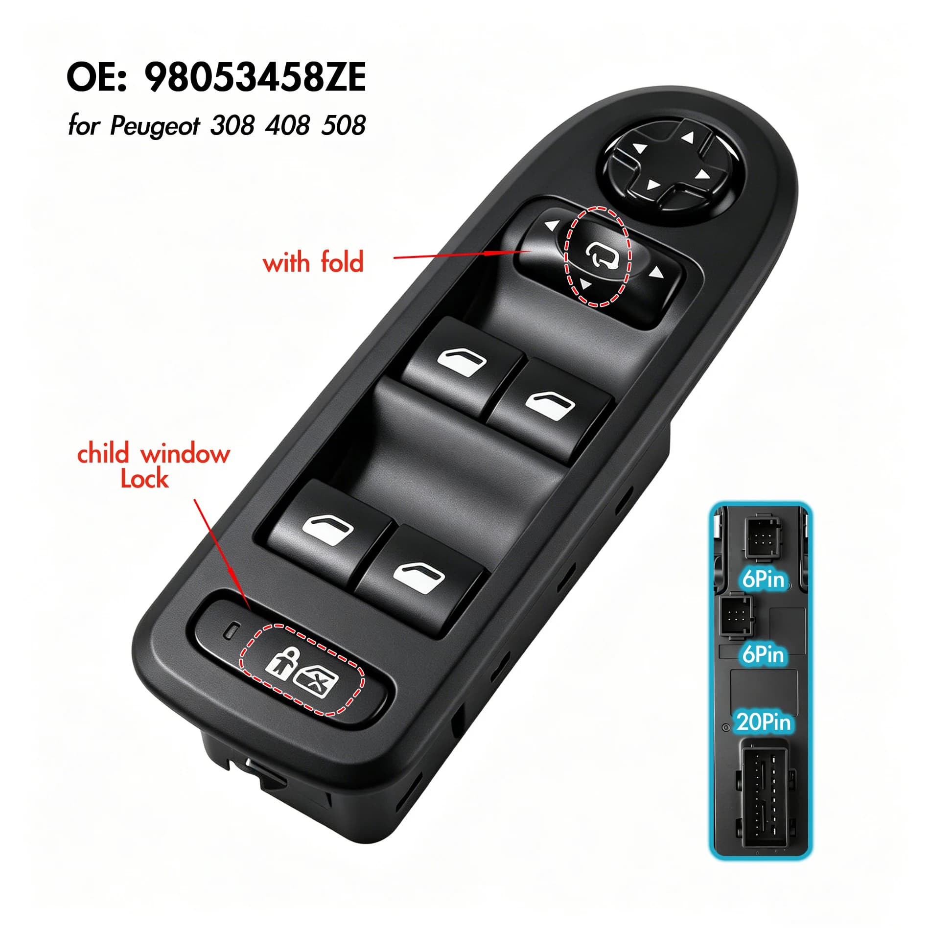 98053458ZE Per Peugeot 308 408 508, Interruttore Principale Alzacristalli Elettrico Lato Guida, Pulsante di Regolazione e Controllo Alzacristalli
