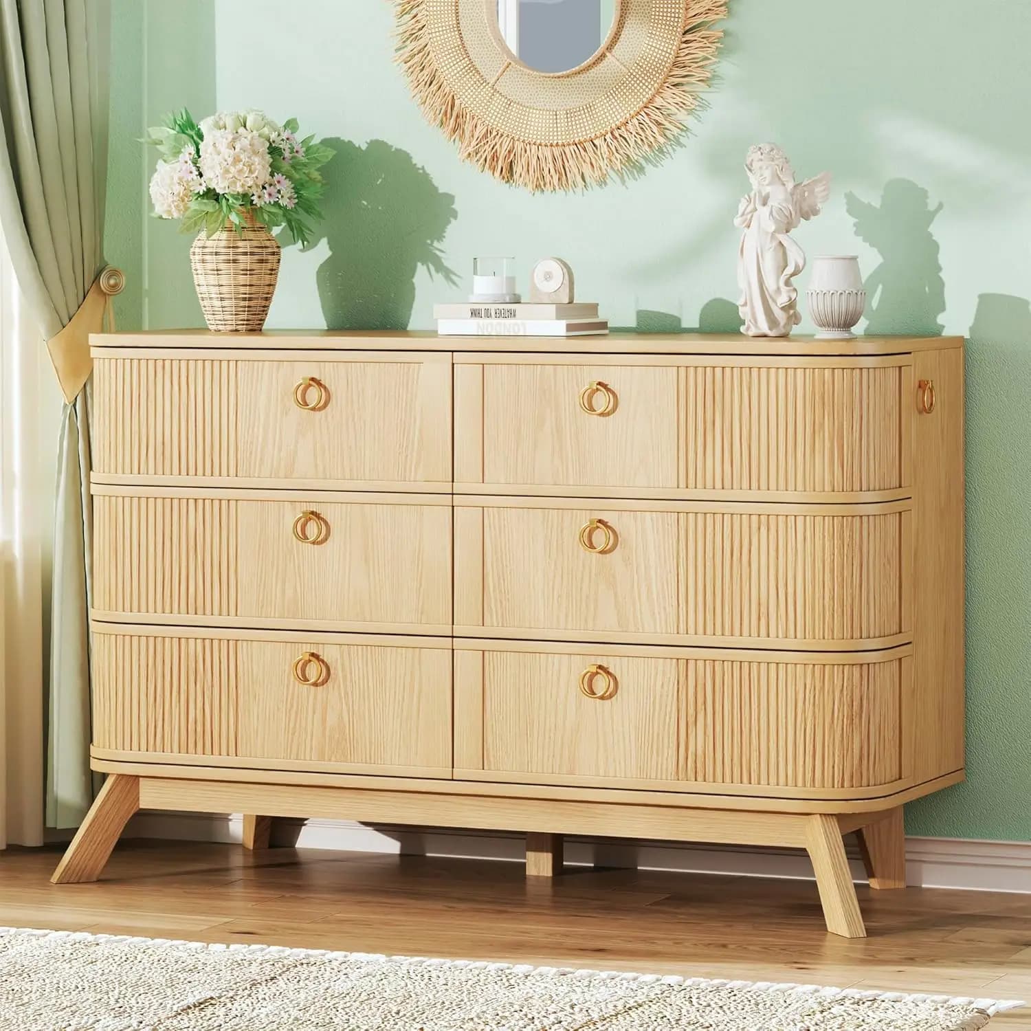 Cassettiera a 6 cassetti scanalata per camera da letto, moderna, con maniglie in metallo, gambe in legno, curva in rattan, per ingresso, 43 pollici, naturale, personalizzabile