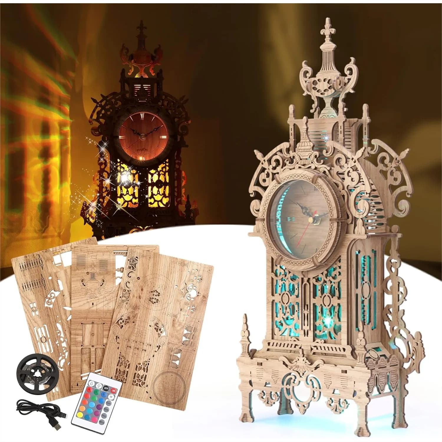 Puzzle 3D in Legno con LED, Modello di Orologio a Torre, Blocchi da Costruzione Fai-da-Te, Decorazione da Scrivania