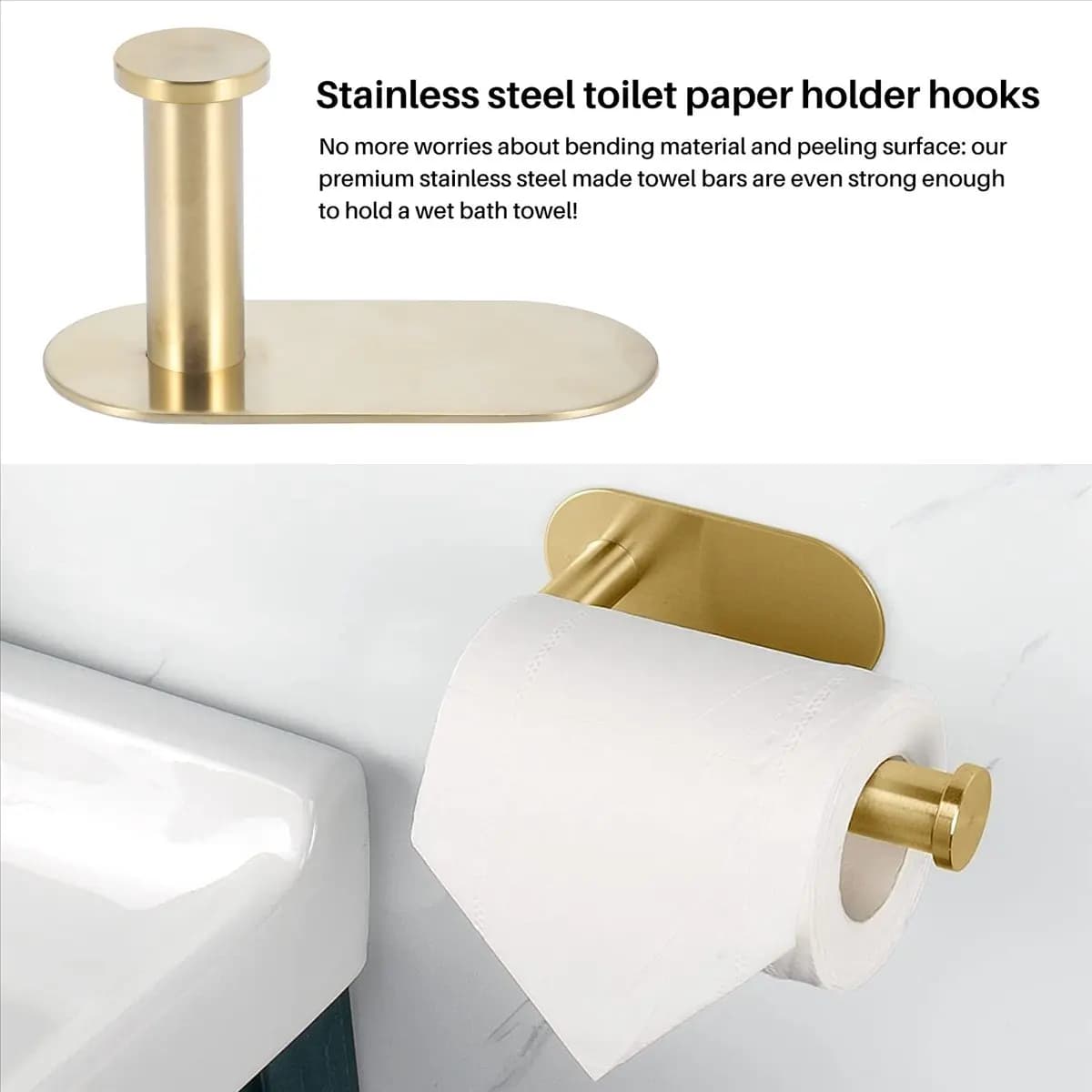 HITL Portasciugamani da Parete in Acciaio Inox Spazzolato Oro, Porta Carta Igienica Rotondo con Gancio, Accessori per Bagno, 10cm