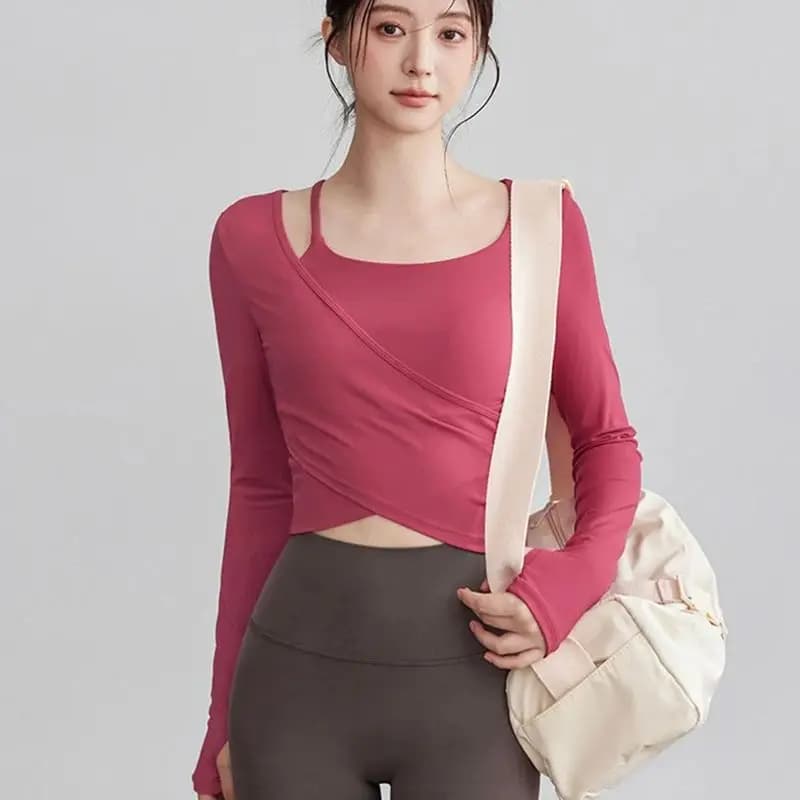 Camicia da yoga dimagrante 2 in 1 da donna Top imbottito Camicia da pilates professionale Top fitness Allenamento Abbigliamento da palestra a maniche lunghe