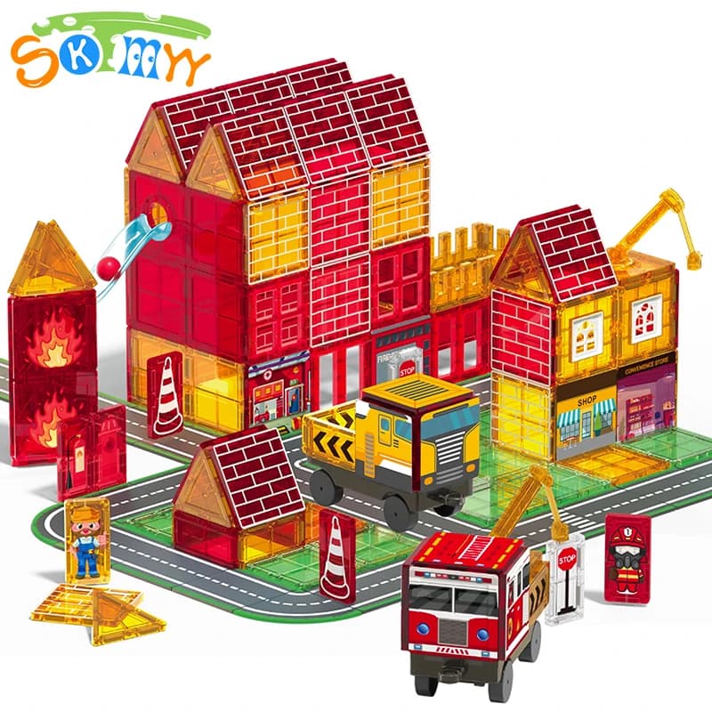 Piastrelle magnetiche a tema antincendio con camion dei pompieri e stazione Costruzione di piastrelle magnetiche Giocattoli da costruzione per bambini Giocattoli per l'apprendimento STEM